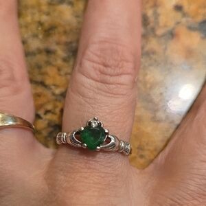Traditional Sterling Silver Claddagh Ring with Simulated Emerald Heart